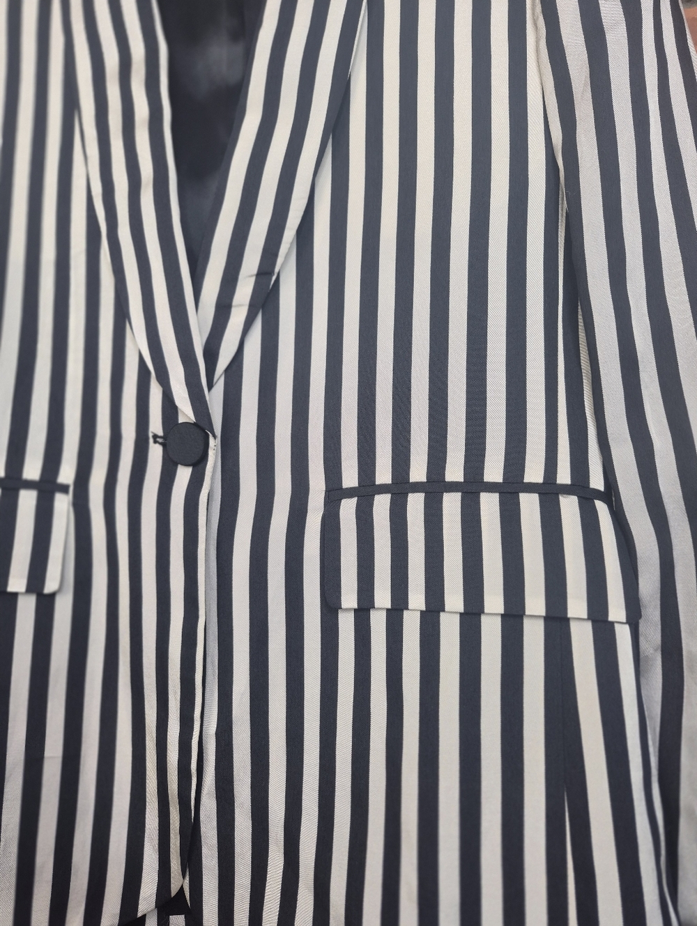 Zara Striped Blazer Black White Vertical Stripe Tailored Chic Office Silky - Picture 3 of 11
